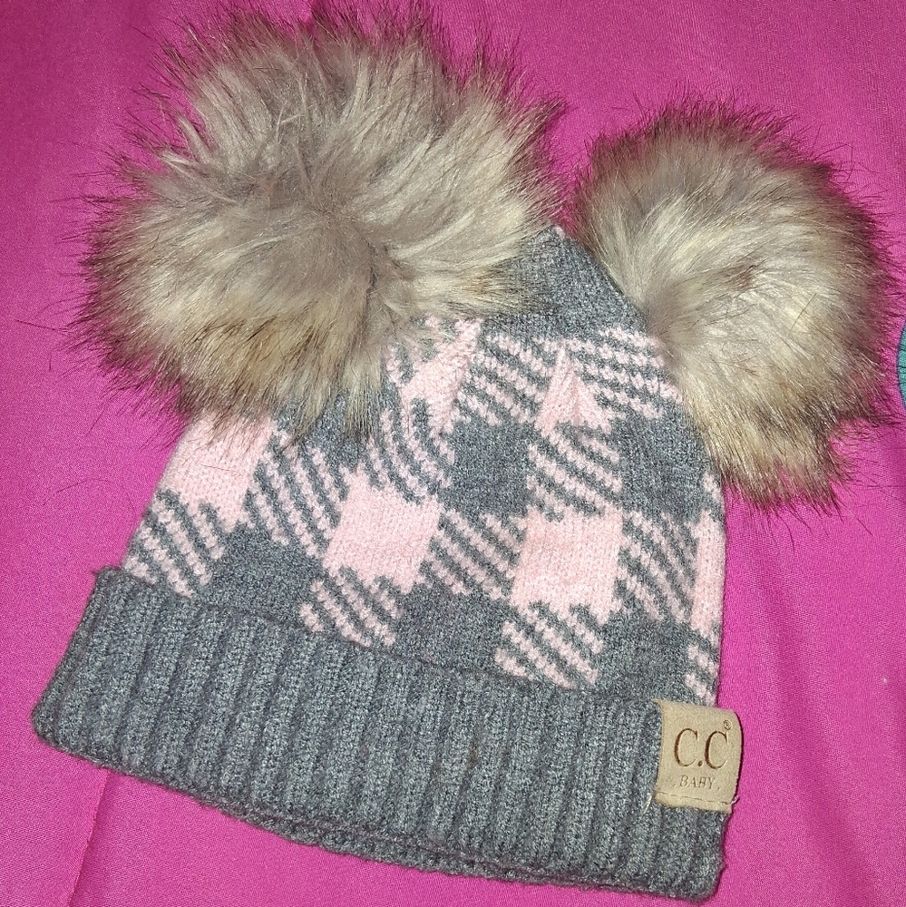 CC Boutique Pink and Gray Checkered Pom-Pom Hat